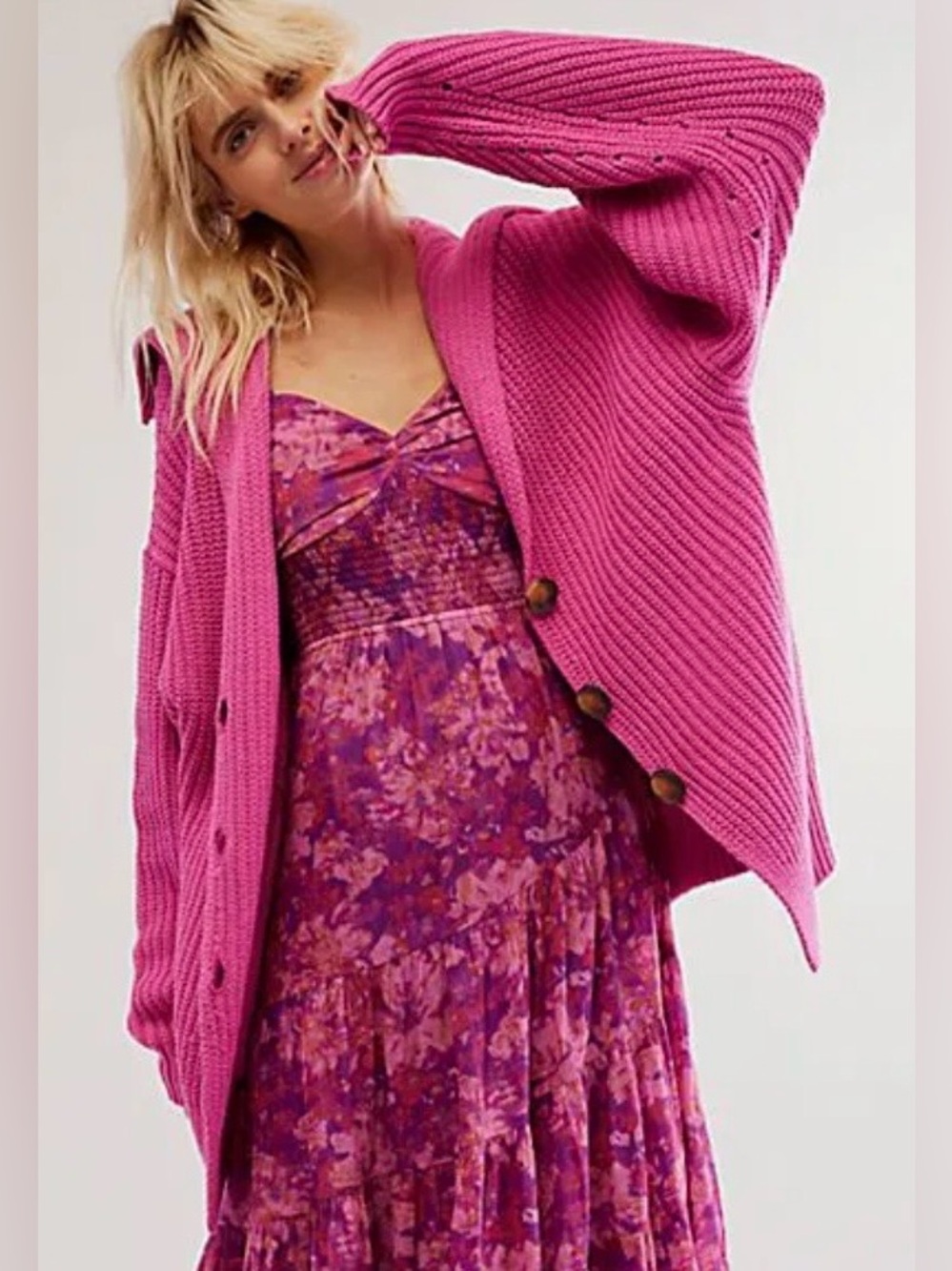 Free People Swim Too Deep Vibrant Fuchsia Ribbed Button Cardigan Size XS